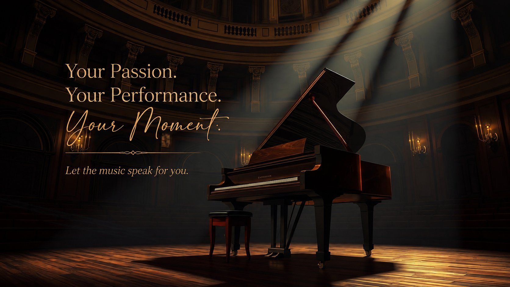 Your Passion. Your Performance. Your Moment — grand piano on stage